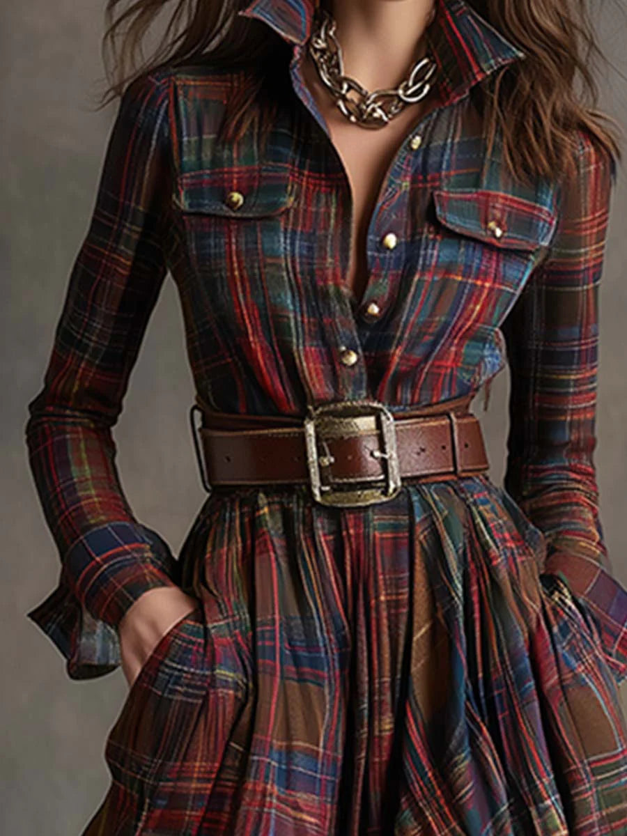 Béatrice | Long Checkered Dress with Belt