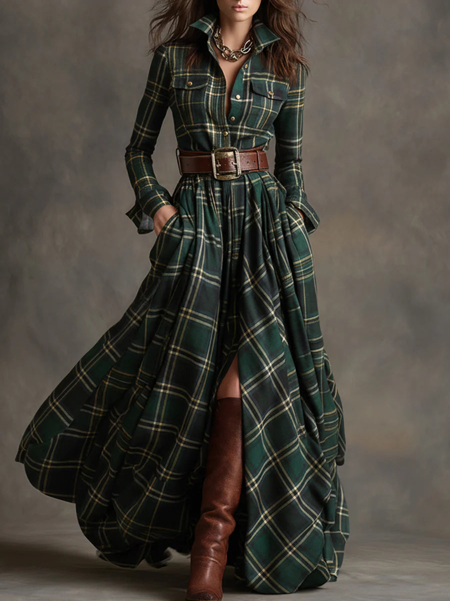Béatrice | Long Checkered Dress with Belt