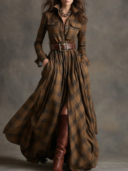 Béatrice | Long Checkered Dress with Belt
