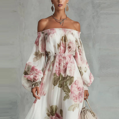 PEONY | Off-Shoulder Floral Maxi Dress with Long Sleeves