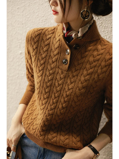 Women's Cable Knit Jumper with Button-Up Stand Collar - image 4
