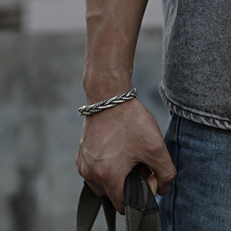 Men's Silver-Tone Braided Cuff Bracelet with Open Adjustable Cuff and Oxidised Finish - image 1