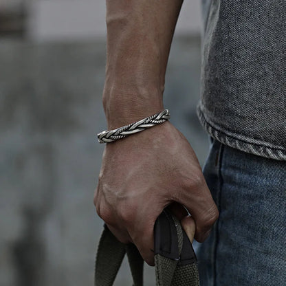 Men's Silver-Tone Braided Cuff Bracelet with Open Adjustable Cuff and Oxidised Finish - image 1