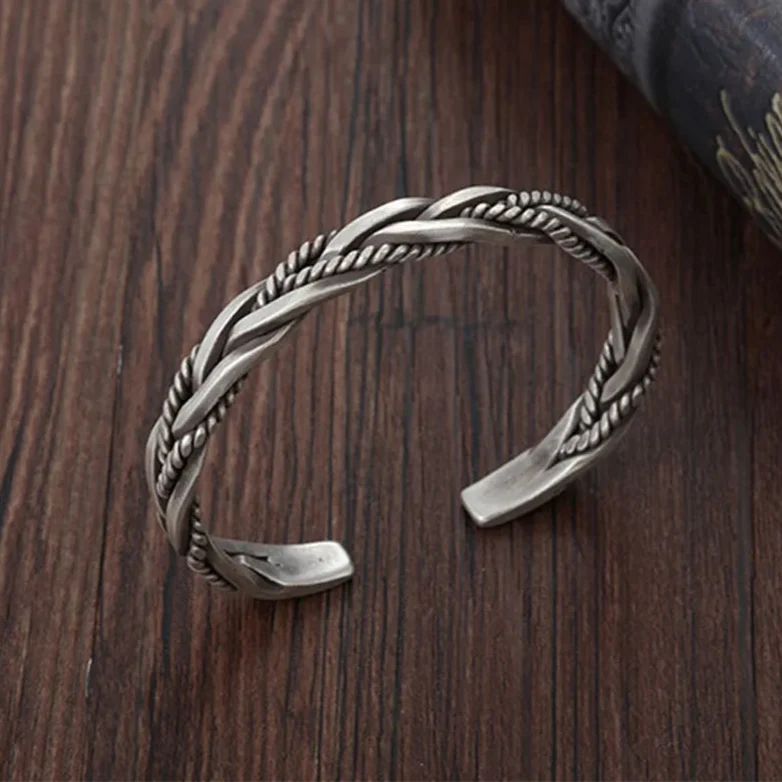 Men's Silver-Tone Braided Cuff Bracelet with Open Adjustable Cuff and Oxidised Finish - image 5