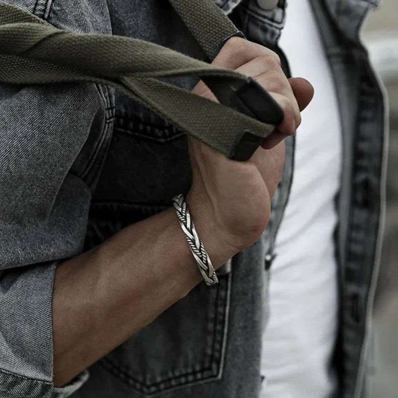 Men's Silver-Tone Braided Cuff Bracelet with Open Adjustable Cuff and Oxidised Finish - image 3