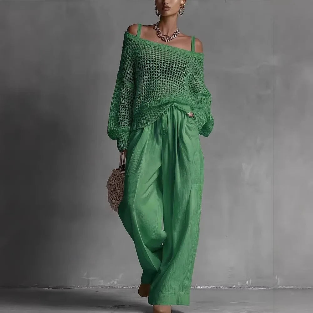 Women's Off-Shoulder Top and Wide-Leg Trouser Set - image 6