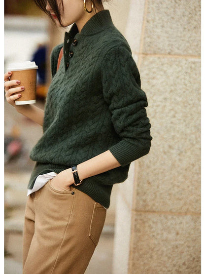 Women's Cable Knit Jumper with Button-Up Stand Collar - image 8