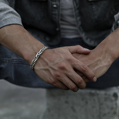 Men's Silver-Tone Braided Cuff Bracelet with Open Adjustable Cuff and Oxidised Finish - image 2