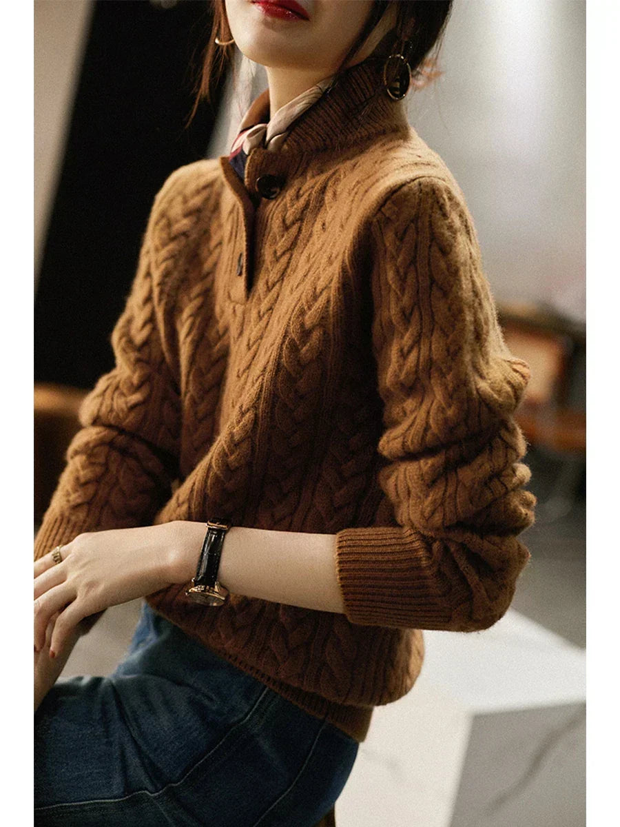 Women's Cable Knit Jumper with Button-Up Stand Collar - image 5