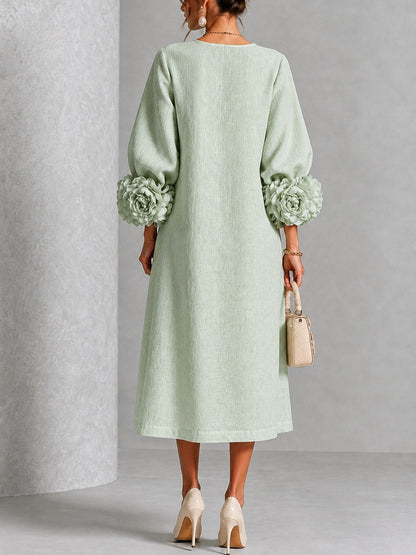 Sage Mist Floral Button-down Midi Dress With Striking Floral Cuffs