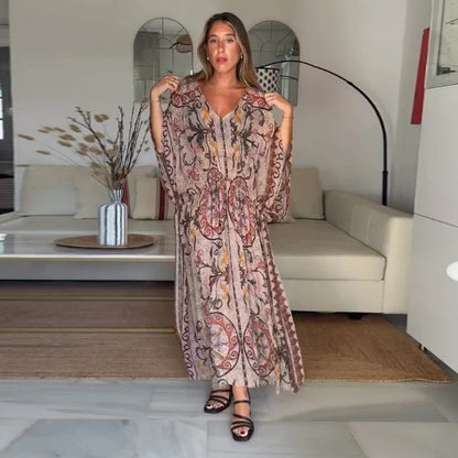 Vivienne | Printed V-Neck Batwing Maxi Dress