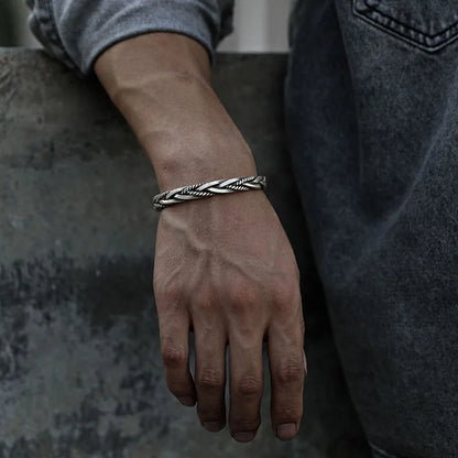 Men's Silver-Tone Braided Cuff Bracelet with Open Adjustable Cuff and Oxidised Finish - image 4
