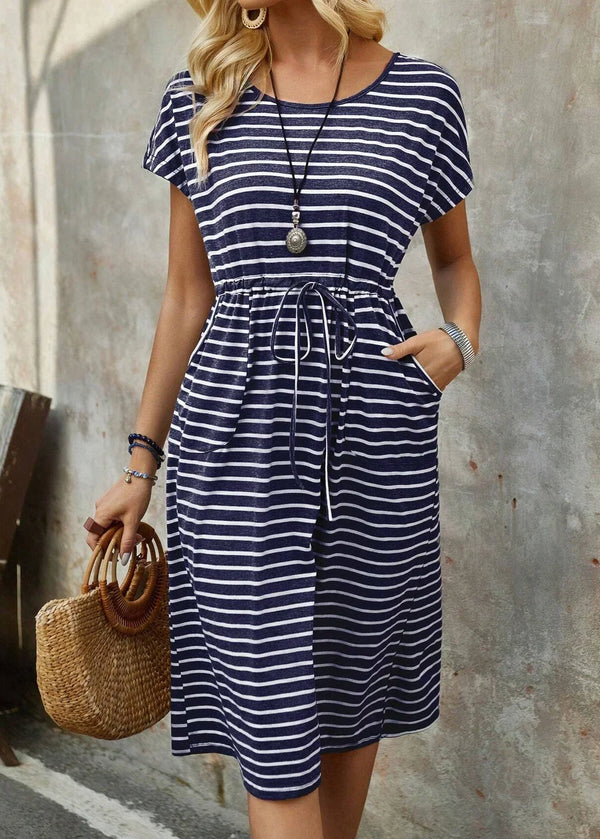 Sylvie | Blue Striped Tie-Waist Midi Dress