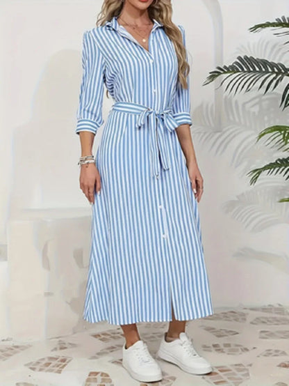 Odette | Blue Striped Button-Front Midi Shirt Dress
