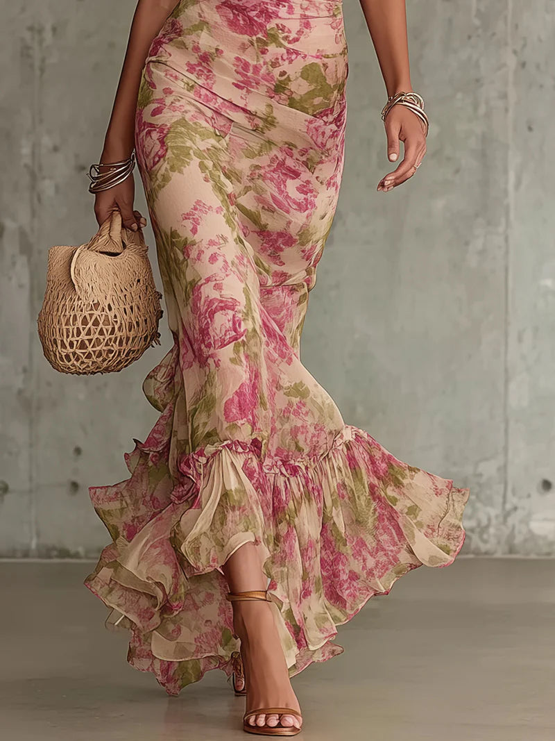 Vintage Rose Print Maxi Dress with Balloon Sleeves (Accessories not included)