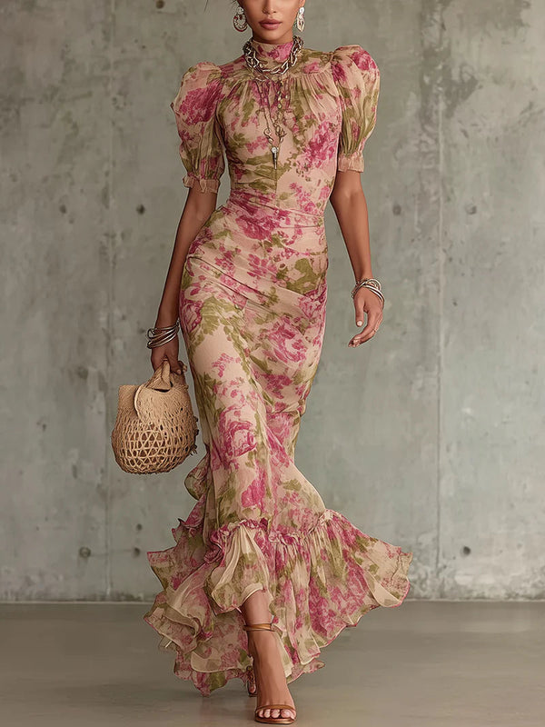 Vintage Rose Print Maxi Dress with Balloon Sleeves (Accessories not included)