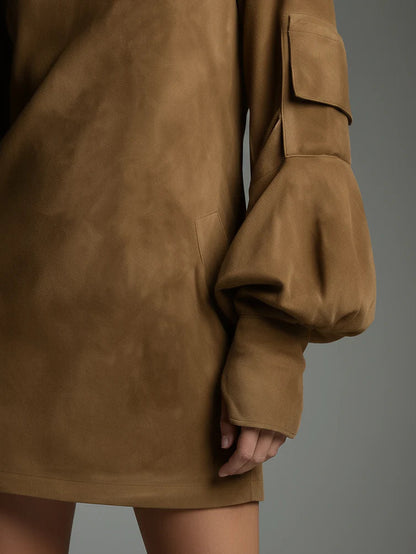 Bibiane | Oversized Mini Dress in Suede-Like Fabric with High Collar