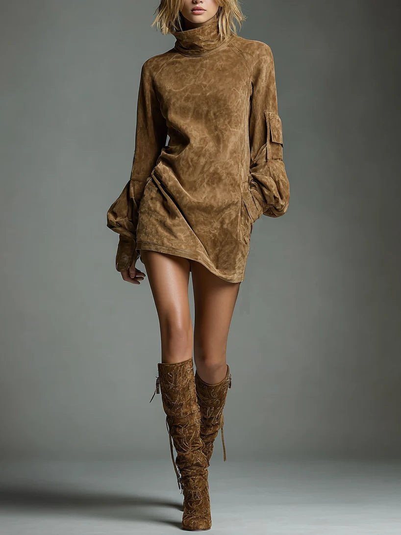Bibiane | Oversized Mini Dress in Suede-Like Fabric with High Collar