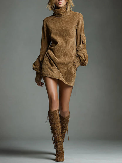 Bibiane | Oversized Mini Dress in Suede-Like Fabric with High Collar