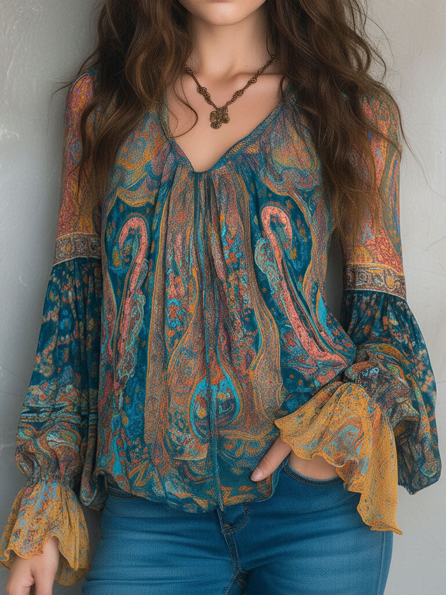 SOLEIL™ - Paisley Bishop-Sleeve Blouse