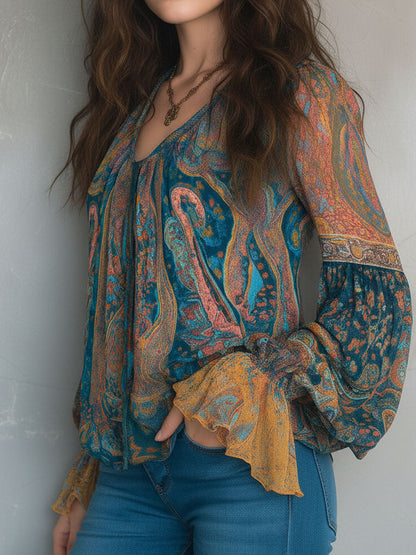 SOLEIL™ - Paisley Bishop-Sleeve Blouse