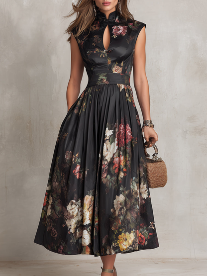 Black Pleated Satin Midi Dress with Keyhole Collar