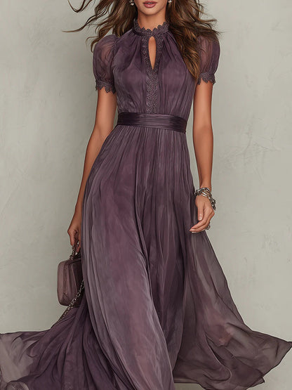 Maxi Chiffon Dress with Keyhole Neckline and Purple Lace Trim