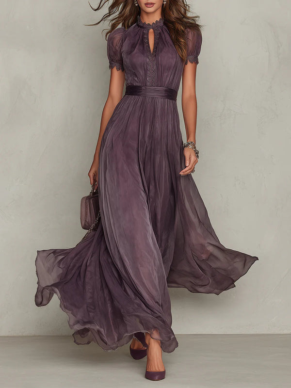 Maxi Chiffon Dress with Keyhole Neckline and Purple Lace Trim
