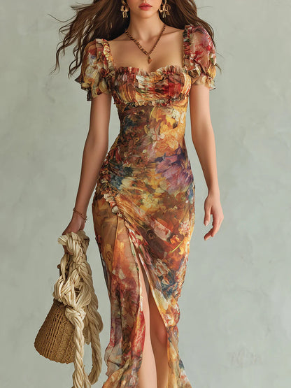 Print of a Bohemian Orange Oil Painting Maxi Dress in Chiffon