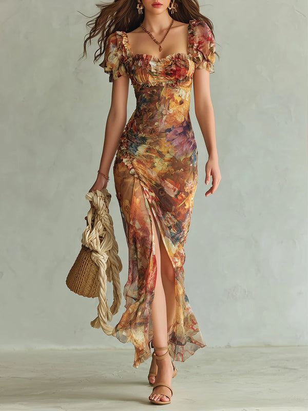 Print of a Bohemian Orange Oil Painting Maxi Dress in Chiffon