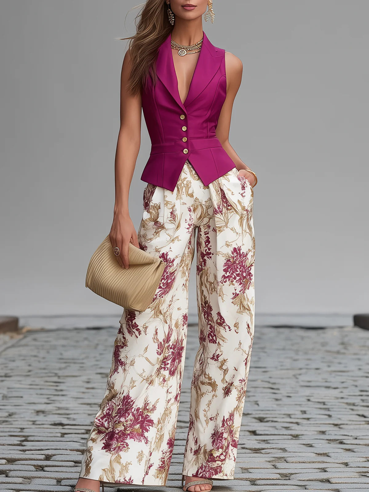 Set of Sleeveless Pink Gilets and Wide-Leg Trousers with Floral Print