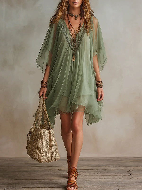 Mini Flowing Chiffon Dress in Green with V-Neck