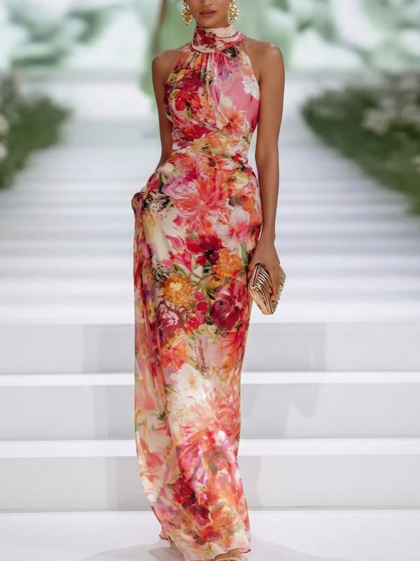 Maxi Sleeveless Chiffon Dress in Red with Halter Neck and Floral Print