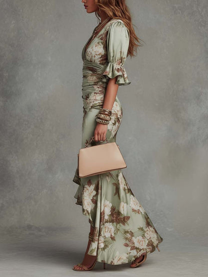 Asymmetric Maxi Dress in Green Floral Satin with Ruffled Bell Sleeves and V-Neck