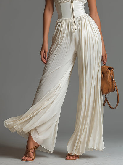 ESSENTIAL – White Pleated Chiffon Jumpsuit for Women