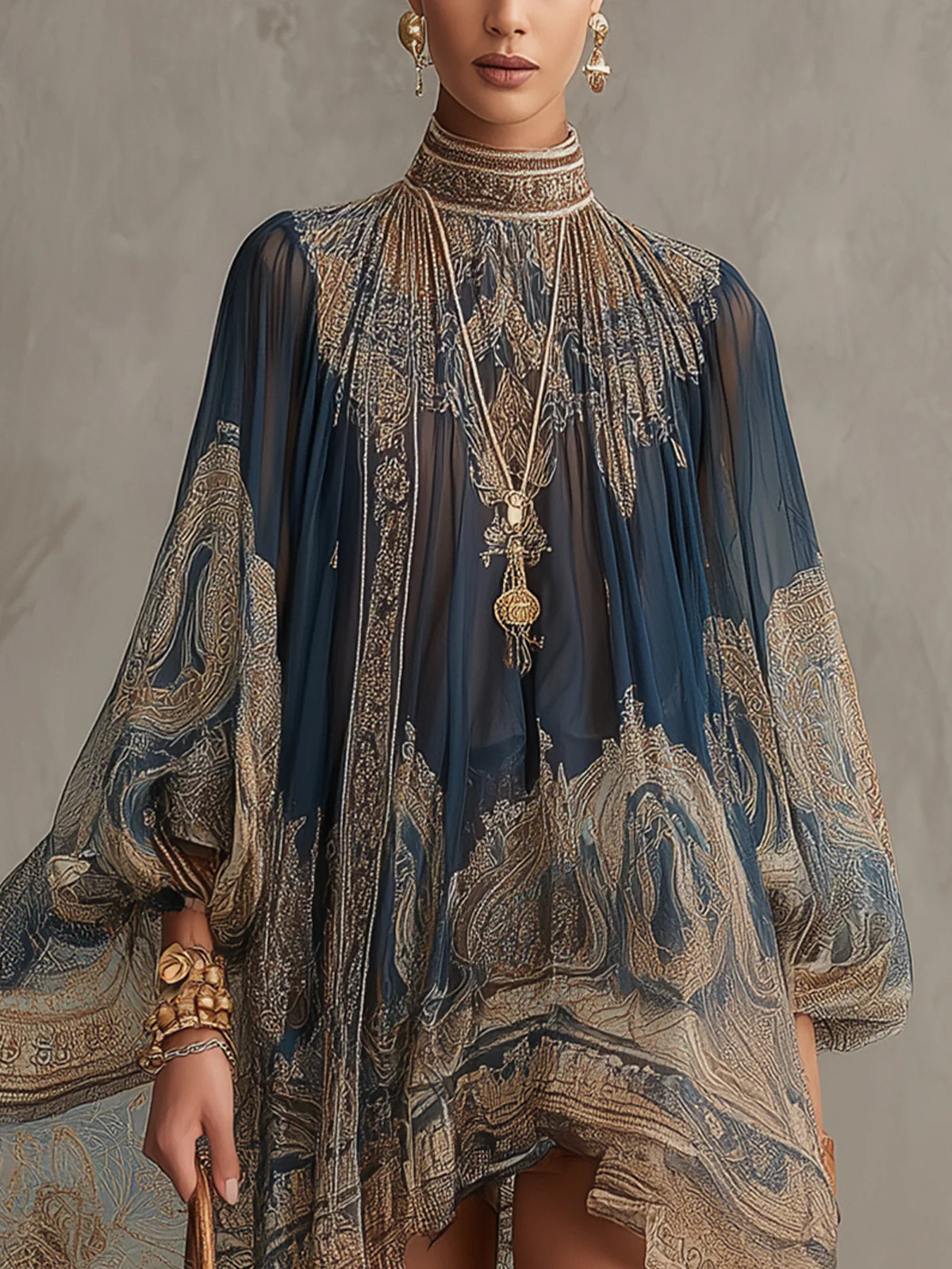 Irregular Mini Chiffon Dress with Navy Blue Baroque Print and High Neck