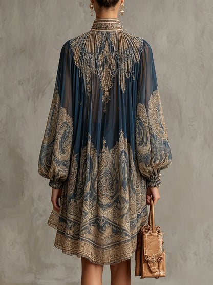 Irregular Mini Chiffon Dress with Navy Blue Baroque Print and High Neck