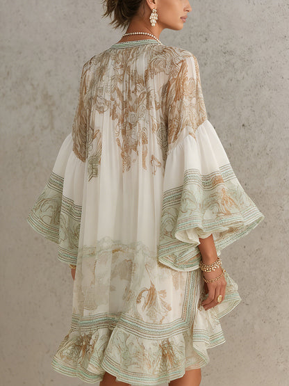 Mini Chiffon Dress with Ruffled Sleeves and Green Striped Hem