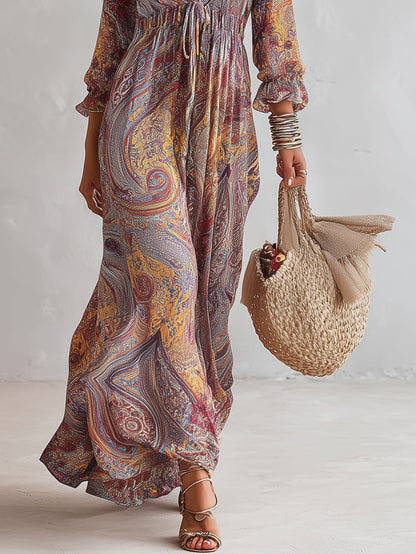 Maxi Chiffon Dress with Paisley Print and V-Neck
