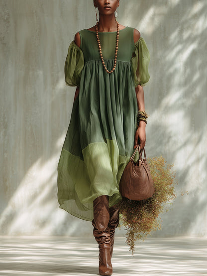 Green Chiffon Midi Dress with Off-the-Shoulder and Short Sleeves