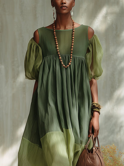 Green Chiffon Midi Dress with Off-the-Shoulder and Short Sleeves