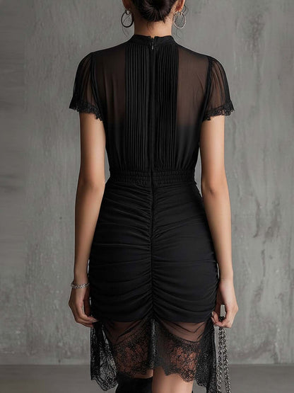 Black Chiffon Pleated Mini Dress with Lace