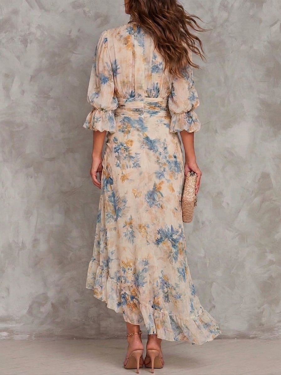 Beige High Neck Chiffon Maxi Dress with Floral Print