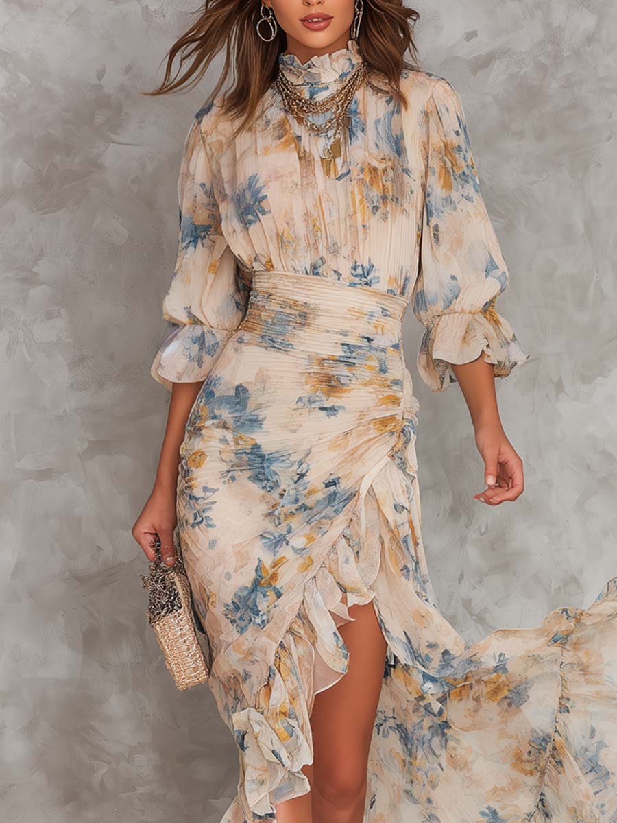 Beige High Neck Chiffon Maxi Dress with Floral Print