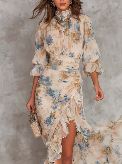 Beige High Neck Chiffon Maxi Dress with Floral Print