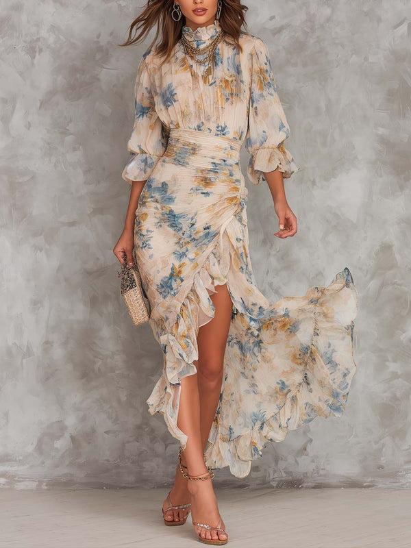 Beige High Neck Chiffon Maxi Dress with Floral Print