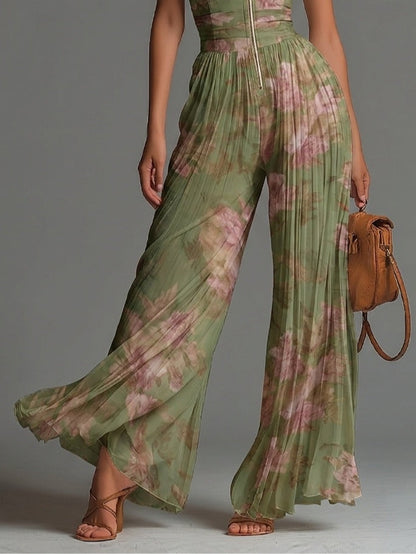 Green Floral Chiffon Jumpsuit with V-Neck, Sleeveless, with Zip and Wide Leg Trousers