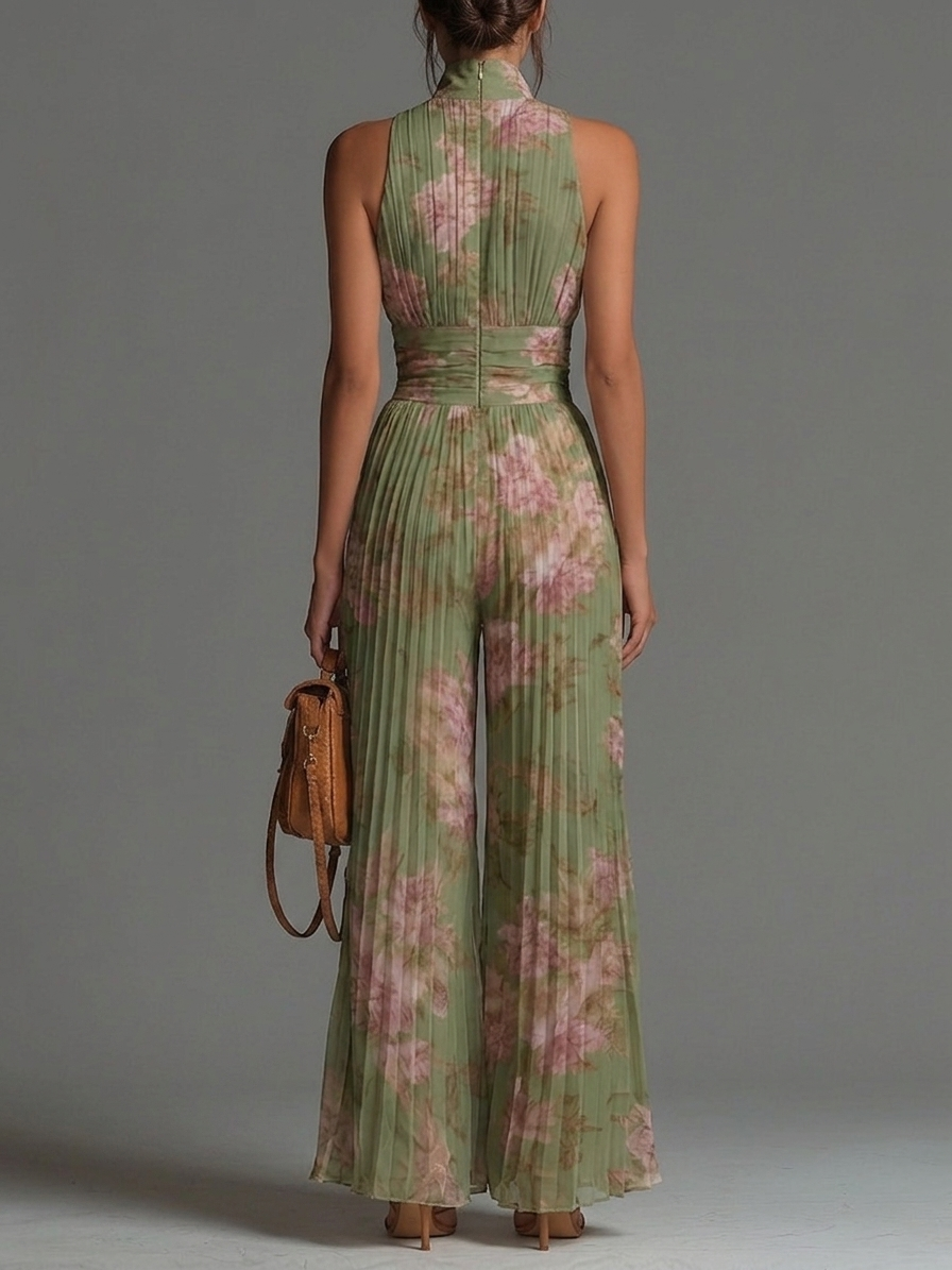 Green Floral Chiffon Jumpsuit with V-Neck, Sleeveless, with Zip and Wide Leg Trousers