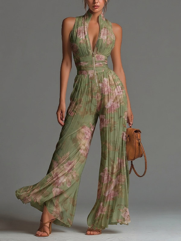 Green Floral Chiffon Jumpsuit with V-Neck, Sleeveless, with Zip and Wide Leg Trousers