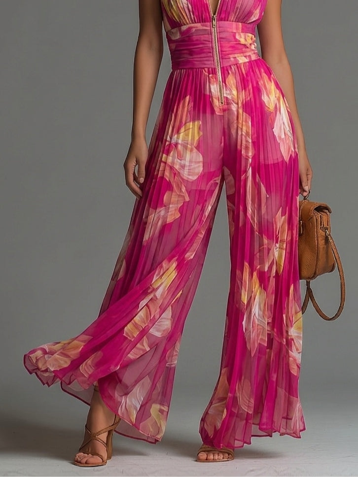 ESSENTIAL - Fuchsia Floral Pleated Chiffon Jumpsuit